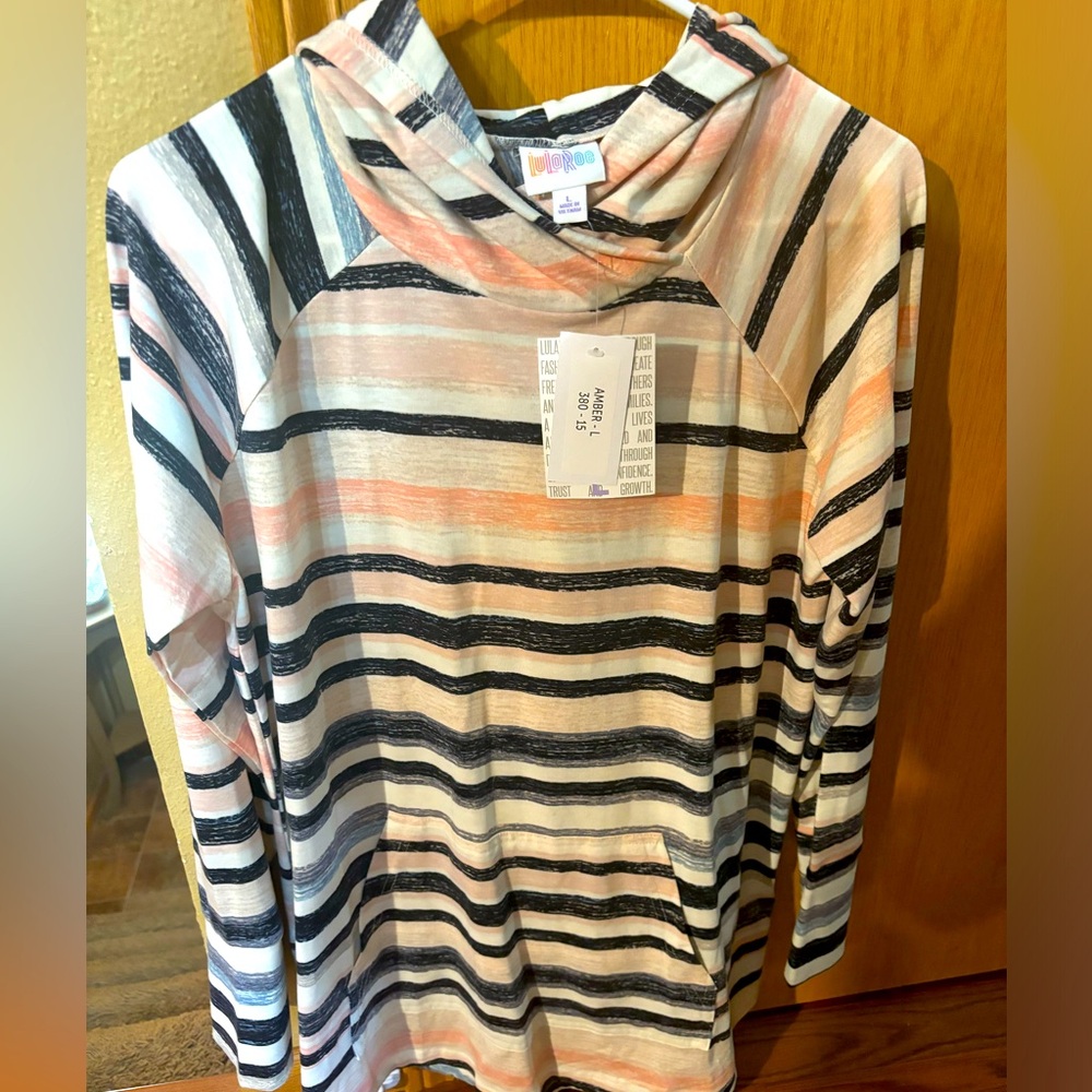 Pink, black and white striped hoodie by LuLaRoe, size Large with tags!